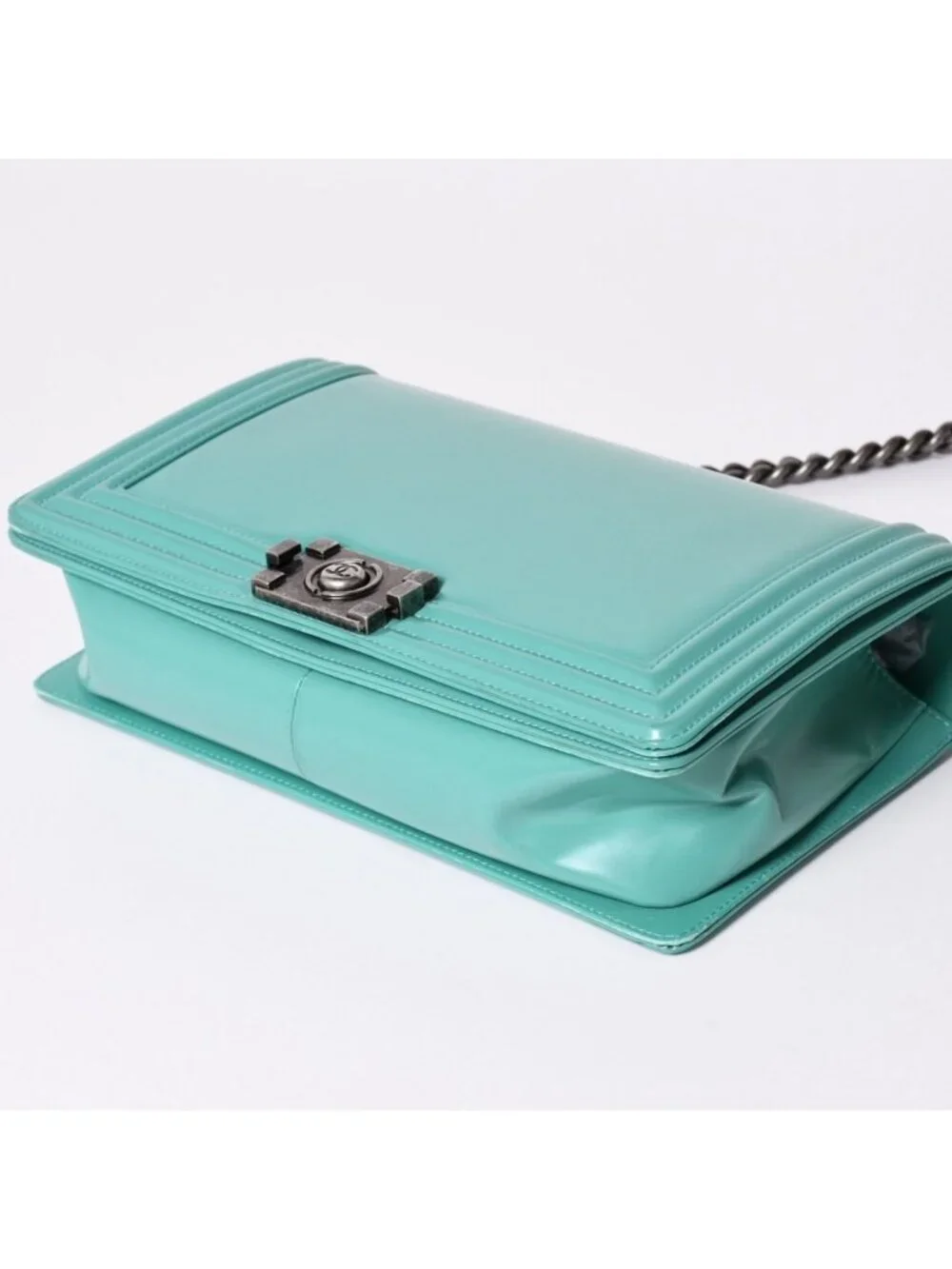 Chanel Boy Large Chain Shoulder Bag CC Logo Calfskin Turquoise